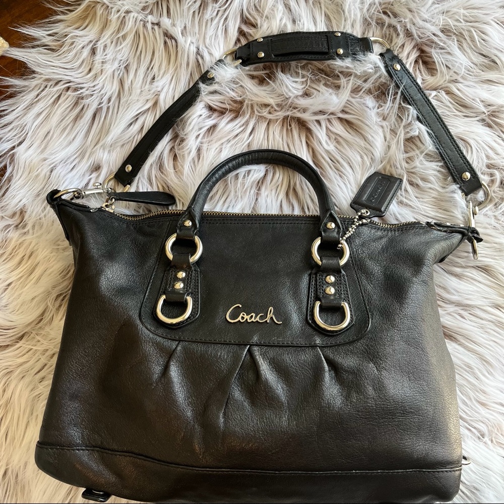 Black Leather Satchel with silver- toned hardware - Coach